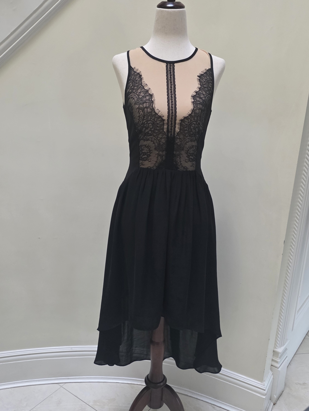 En Creme Black Lace-Trim High-Low Dress with Nude Illusion